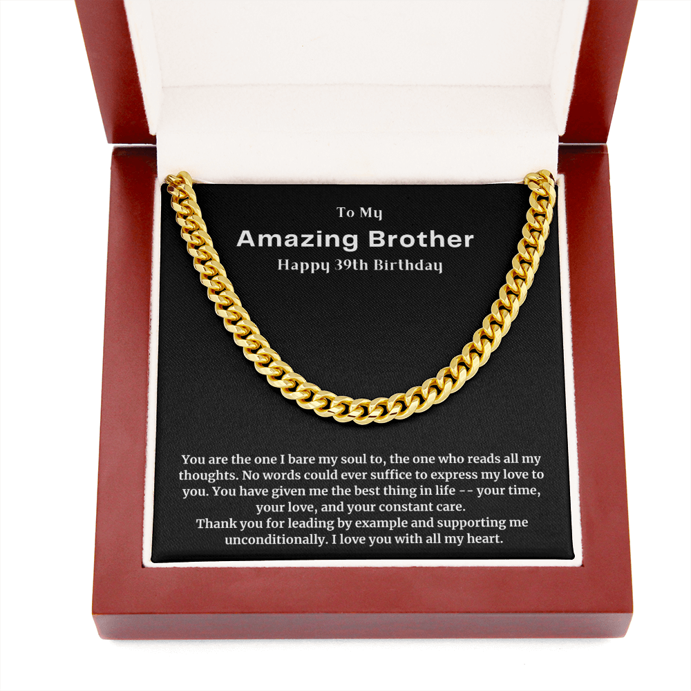 39th Unique Birthday Gift for Brother, To My Brother Cuban Chain Necklace, Meaningful 39th Birthday Gift from Sister to Brother Cuban Link Chain Necklace